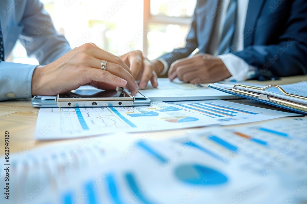Business team meeting to analyze, discuss, and brainstorm financial report charts, emphasizing financial advising and teamwork. Business team meeting to analyze, discuss, and brainstorm financial report charts, emphasizing financial advising and teamwork.
