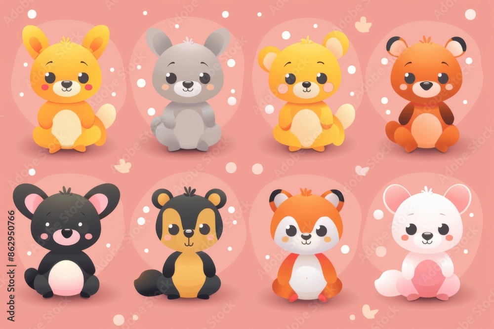 Cute Cartoon Animals Sitting on a Pink Background Cute Cartoon Animals Sitting on a Pink Background