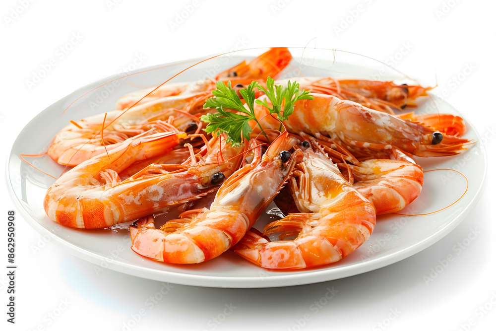 Delicious shrimps on white plate isolated on white background Delicious shrimps on white plate isolated on white background