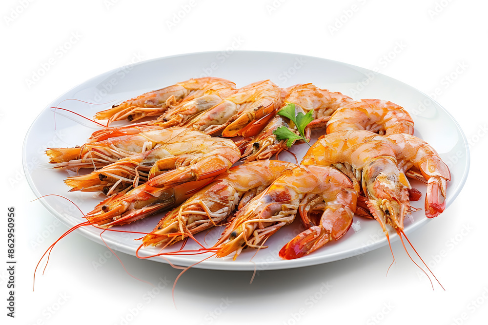 Delicious shrimps on white plate isolated on white background Delicious shrimps on white plate isolated on white background