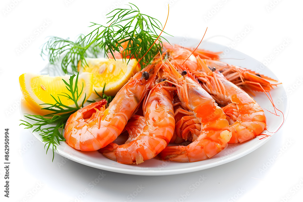Delicious shrimps on white plate isolated on white background Delicious shrimps on white plate isolated on white background