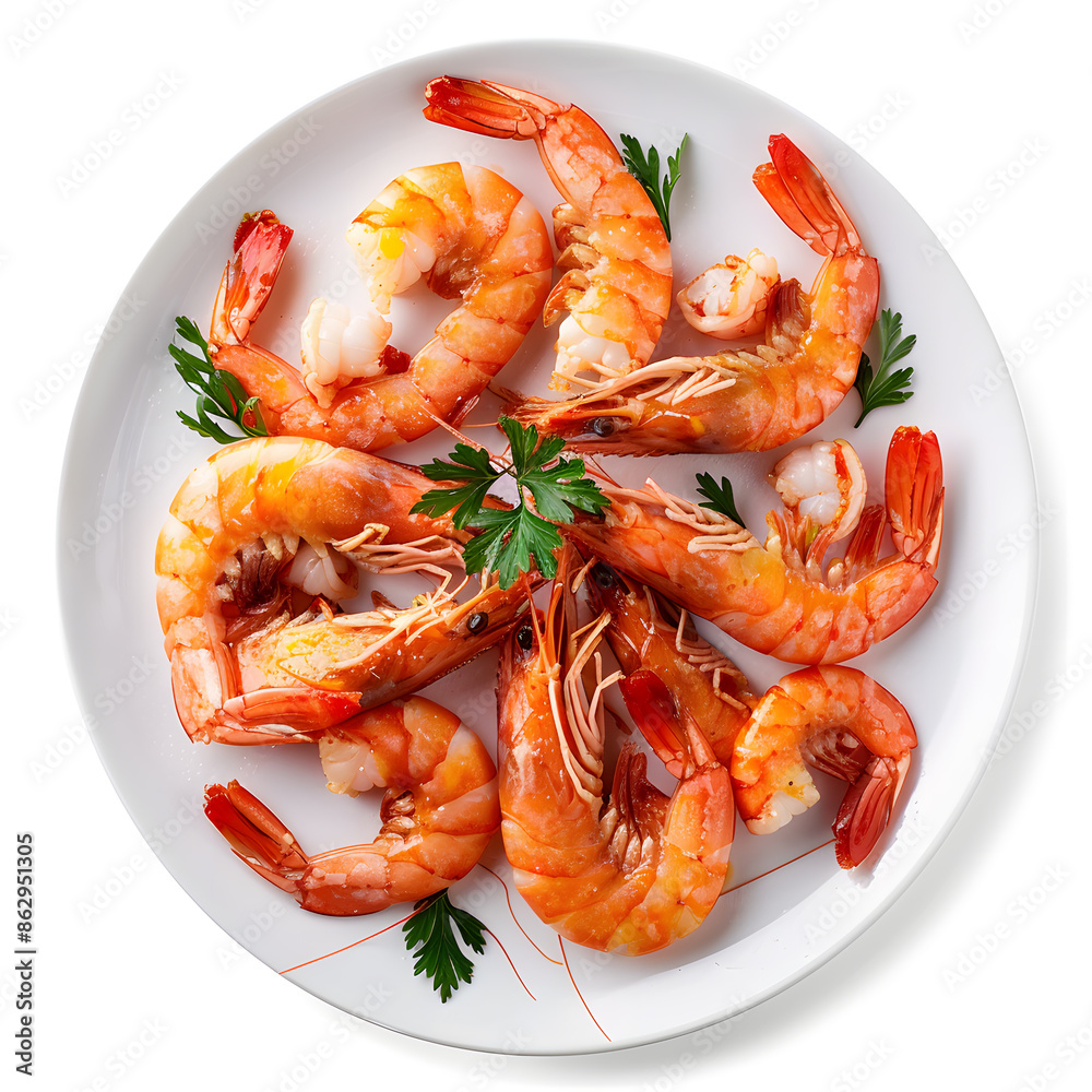 Top view Delicious shrimps on white plate isolated on white background Top view Delicious shrimps on white plate isolated on white background