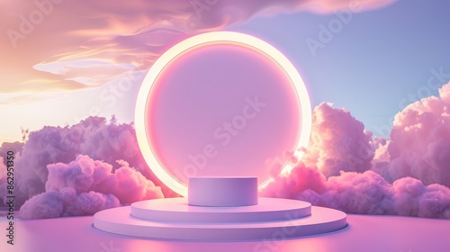 Colorful neon podium product on cloud and sky background, geometric shape for product display presentation, podium, stage pedestal or platform, Promotion display, 3D.