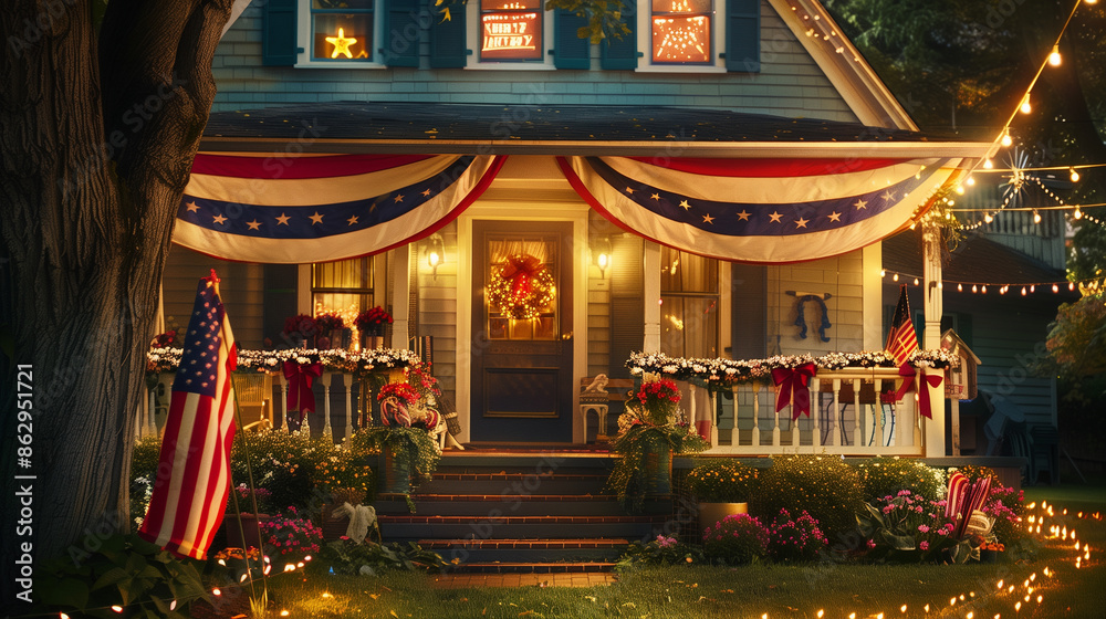 Fototapeta premium House decorated with American flags, bunting, and patriotic lights, decorations, house, Independence Day, flags, bunting, lights, patriotic, festive