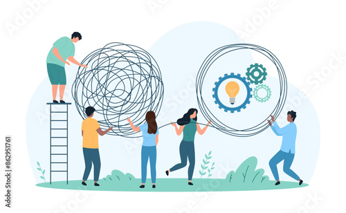 Process solving of complicated difficult problem, simplicity in psychotherapy. Tiny people unravel chaos and line multiple knots of wire to simple way, gear with light bulb cartoon vector illustration