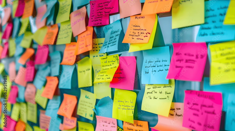 Organized Post-it notes on whiteboard for brainstorming Organized Post-it notes on whiteboard for brainstorming