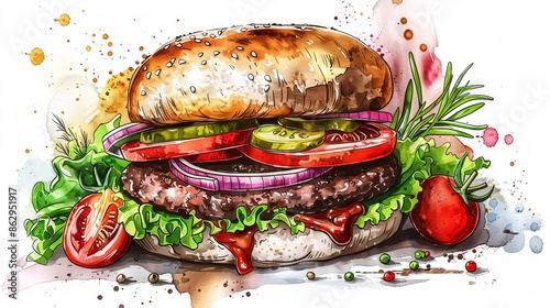 lukisan cat air dari burger lezat yang dibuat dengan bahan-bahan segar photo
