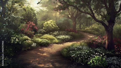 Winding path through a tranquil garden with flowering shrubs and trees creating a peaceful retreat