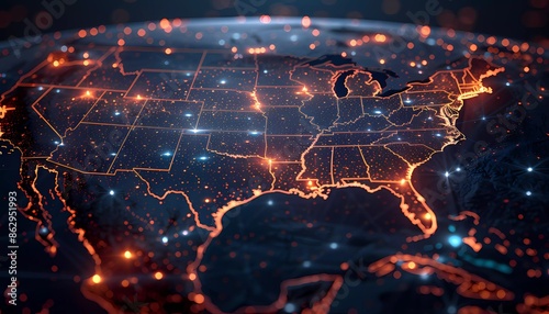 Satellite Grid, grid-like pattern superimposed over a map of the USA, demonstrating coverage and connectivity, 