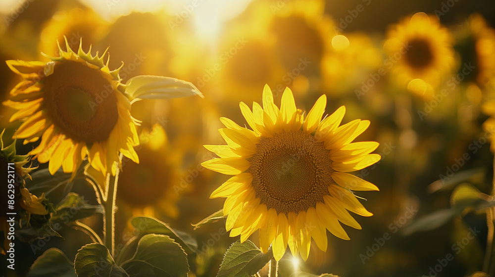 Fototapeta premium A sunflower field in full bloom, summer, sunflowers, hd, golden with copy space