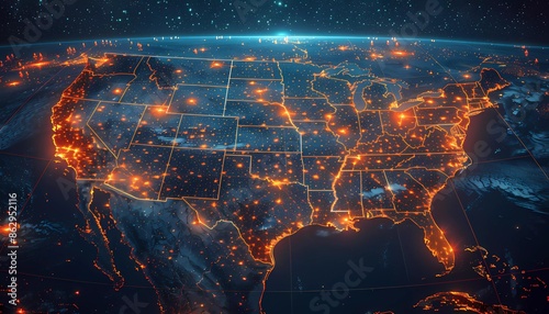 Satellite Grid, grid-like pattern superimposed over a map of the USA, demonstrating coverage and connectivity, 