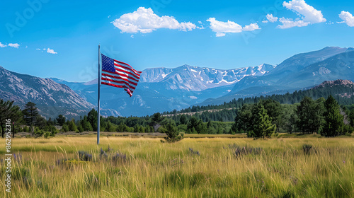 American flag fluttering in a national park with mountains in the background, American flag, national park, mountains, outdoor, Independence Day, patriotic, scenic, nature, USA