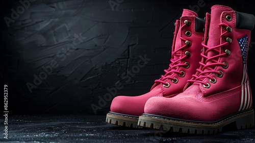 Labor Day celebration with pink work boots and American flag on a plain black background, minimalist style
