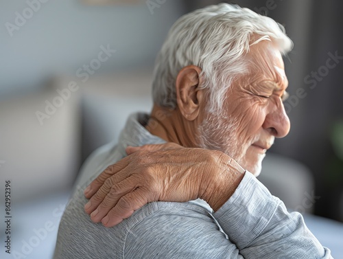  person massaging their shoulder with a pained expression, highlighting discomfort or injury in that area.