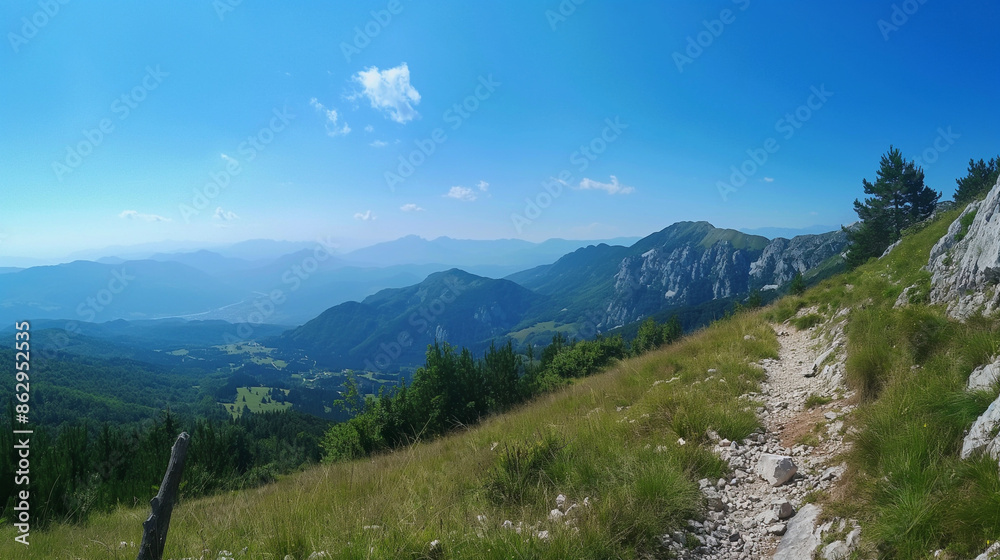 A scenic mountain hike with a clear blue sky, summer, hiking, hd, adventurous with copy space