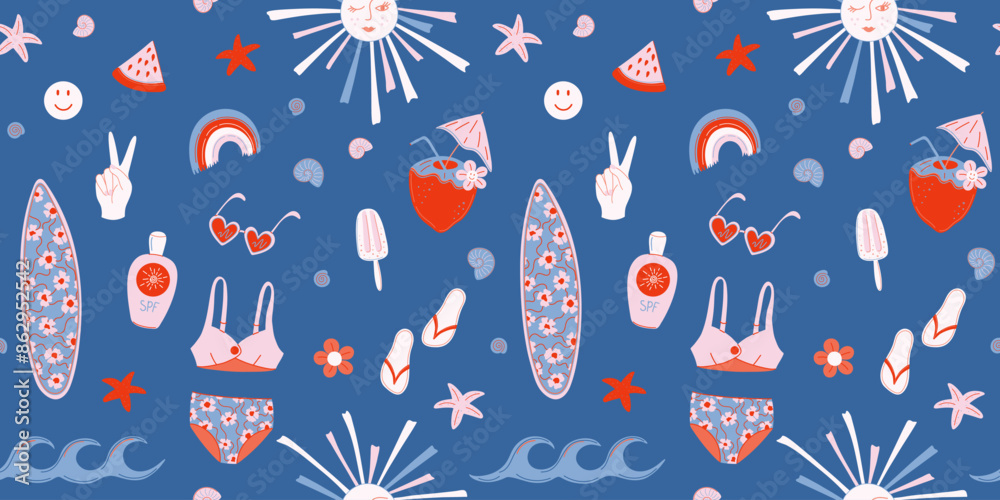 Summer holiday retro style seamless pattern. Beach vacation symbols - bikini, sunglasses, surfboard, coconut, seashells. Summertime print on dark blue backdrop. Flat design vector illustration.
