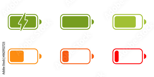 Low battery red icon. Phone bar status sign. Charger phases illustration. Full charge green symbol.