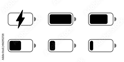 Low battery icon. Phone bar status sign. Charger phases illustration. Full charge symbol.