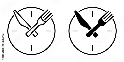 Lunch time logo. Fast diet symbol. Meal break sign. Clock with cutlery icon. Knife and fork icon.