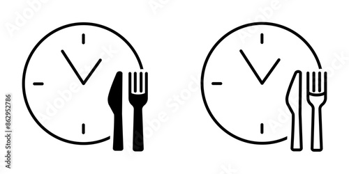 Business lunch icon. Knife, fork and plate with clock illustration. Lunch time symbol.