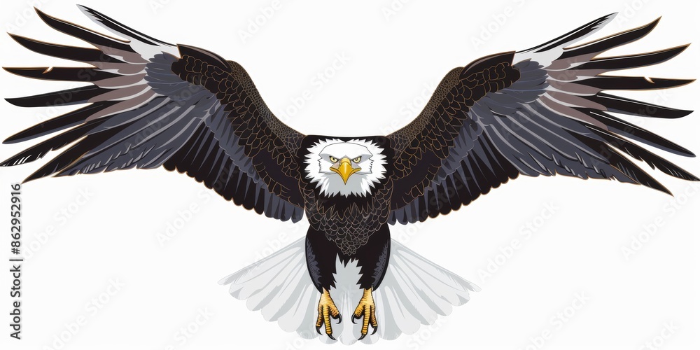 Fototapeta premium A bald eagle soars through the sky with its wings outstretched.