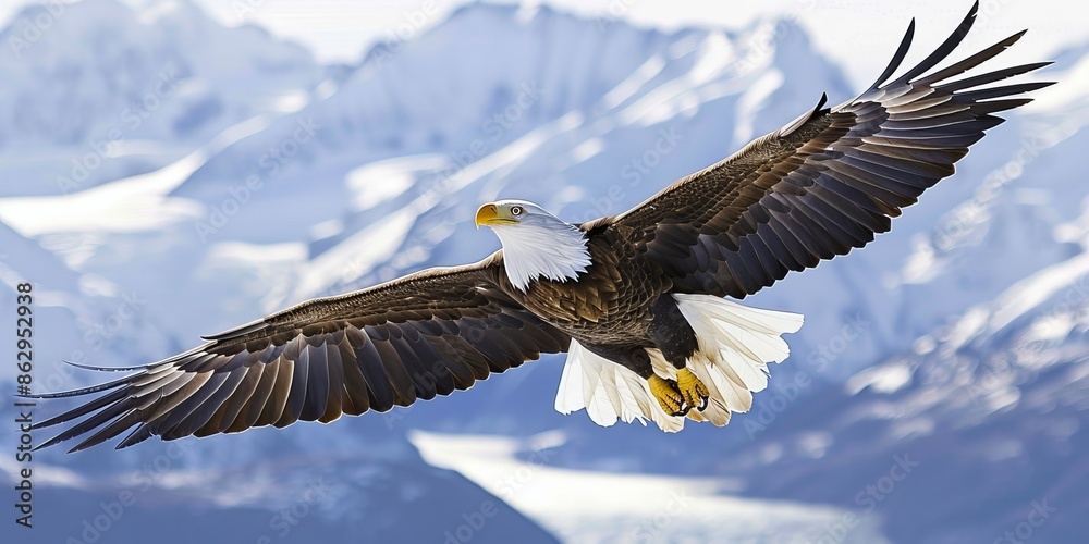A bald eagle soars above the snow-capped mountains. A bald eagle soars above the snow-capped mountains.