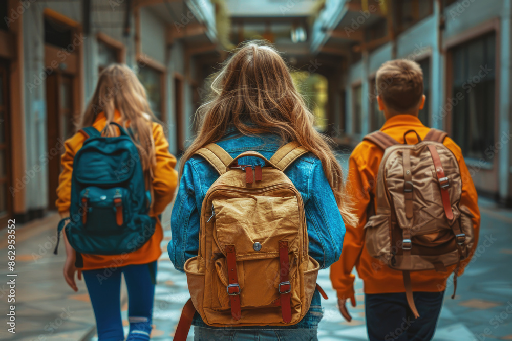 Obraz premium Rear view of happy pupils walking at corridor in school, back to school concept