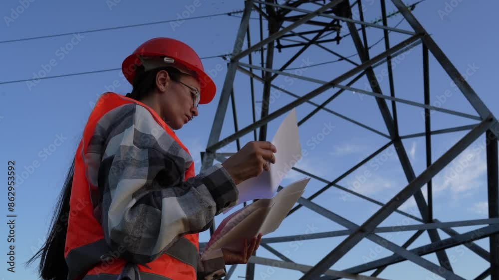 Female power engineer. Power engineer in safety helmet checks power line. Civil engineer, female engineer in electricity supply works outdoors. Female power engineer. Power engineer in safety helmet checks power line. Civil engineer, female engineer in electricity supply works outdoors.