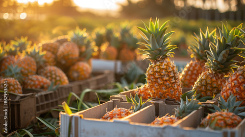 freshly picked pineapples in boxes photo