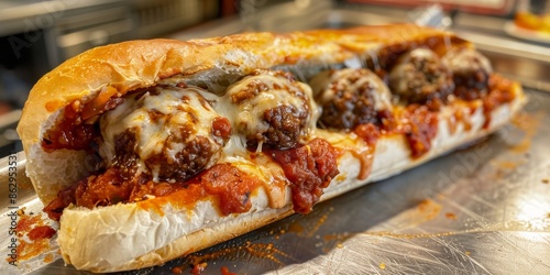 A meatball sub sandwich with melted cheese and marinara sauce on a toasted hoagie roll.