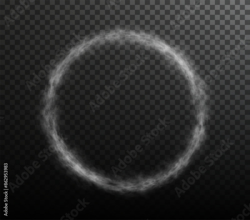 White smoke ring puff isolated on transparent black background. PNG. Steam explosion special effect. Effective texture of steam, fog, smoke png. Vector.	