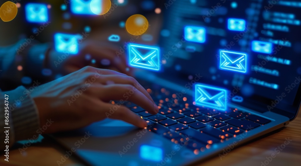 Email Communication Concept with Neon Envelope Icons on Laptop Screen. Email Communication Concept with Neon Envelope Icons on Laptop Screen.