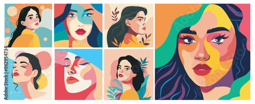 Vector set of abstract portraits of different women paintings posters in bright colors for social media print
