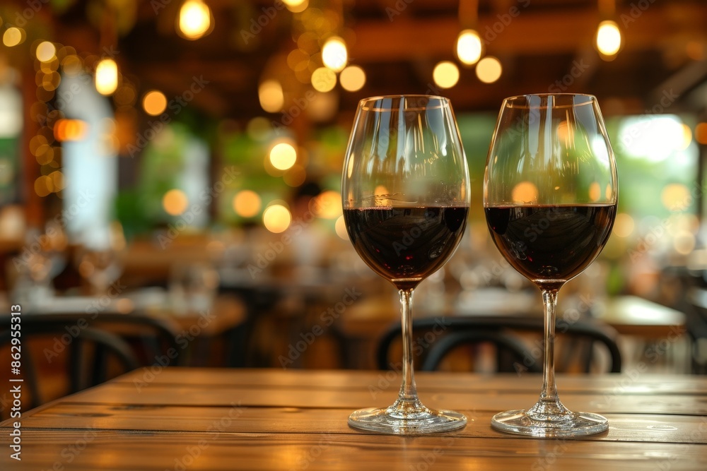 Two glasses of red wine on a wooden table in a restaurant. Two glasses of red wine on a wooden table in a restaurant.