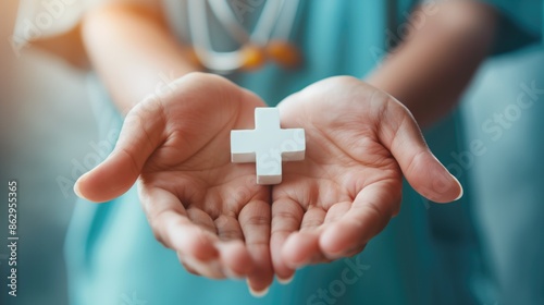 Medicine nurse holding plus icon for the healthcare medical icon. Health insurance health concept. access to welfare health and copy space, generative ai