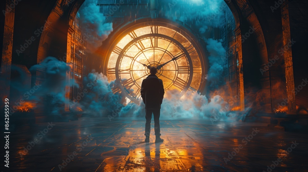 A man standing in front of a giant clock with the hands moving rapidly, symbolizing the pressure of time A man standing in front of a giant clock with the hands moving rapidly, symbolizing the pressure of time