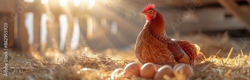 Brown Hen Surrounded by Eggs in a Nest at Sunrise