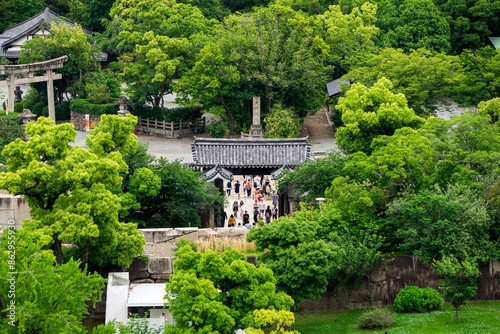 Zoom in fron Osaka Castle people only present inside the doorway and everything surrounded by trees photo