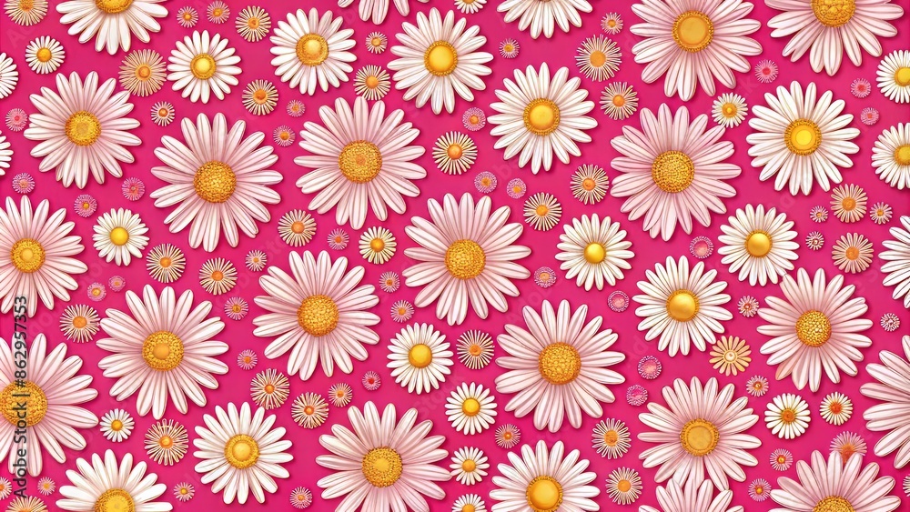 Vibrant pink background adorned with white and yellow daisies pattern, reminiscent of a charming retro pink wallpaper, evoking warmth and playfulness. Vibrant pink background adorned with white and yellow daisies pattern, reminiscent of a charming retro pink wallpaper, evoking warmth and playfulness.