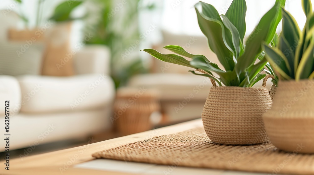 Two green plants in woven baskets on a wooden table in a living room. Two green plants in woven baskets on a wooden table in a living room.