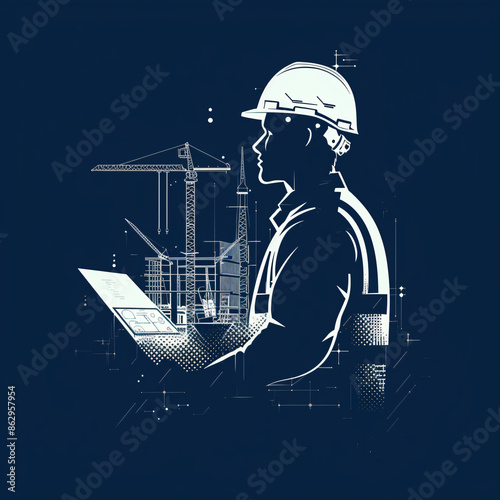  silhouette of a worker with a helmet against a backdrop of construction cranes and skyscrapers.  photo