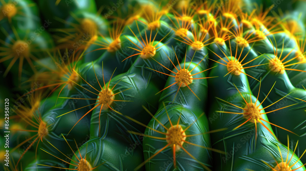 Macro view of a green cactus with spines, rendered in 3D with detailed texture and vivid green and yellow hues. Perfect for botanical and nature enthusiasts. Macro view of a green cactus with spines, rendered in 3D with detailed texture and vivid green and yellow hues. Perfect for botanical and nature enthusiasts.