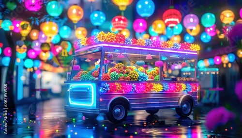 Vibrant street food cart adorned with colorful lights and decorations, surrounded by glowing lanterns in a lively nighttime scene.