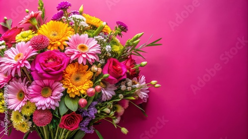 Vibrant pink background features a colorful bouquet of flowers, freshly picked and arranged, leaving ample copy space for text or design elements. © DigitalArt Max