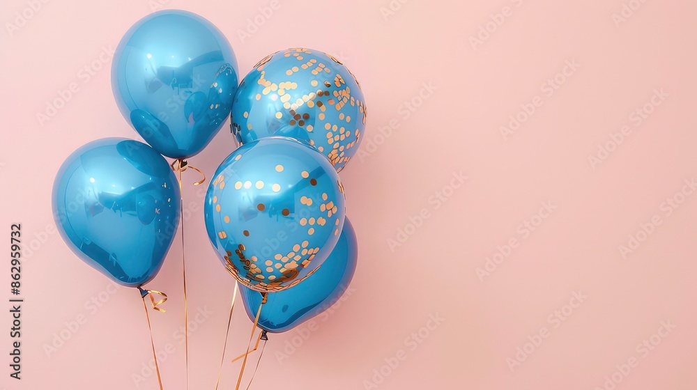 Blue gold foil balloons on a pastel pink background card with copy space. Generative AI Blue gold foil balloons on a pastel pink background card with copy space. Generative AI