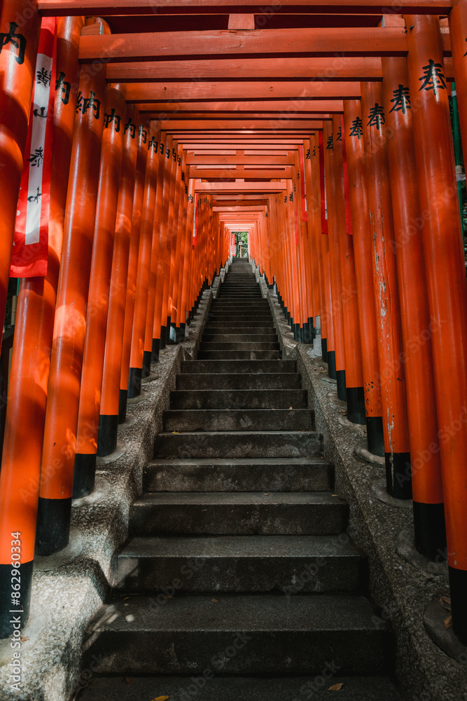 Red torii gates passage staircase tunnel Red torii gates passage staircase tunnel