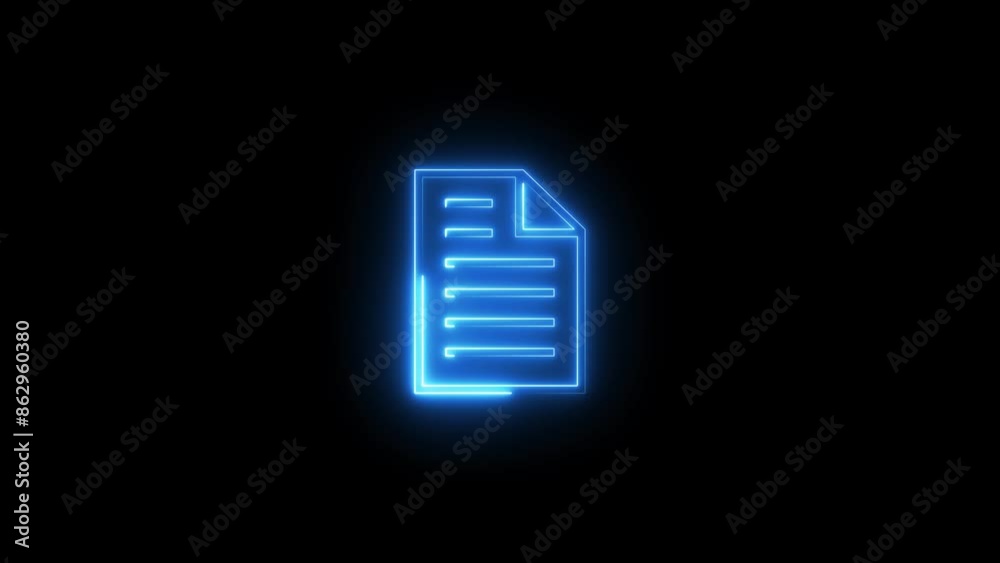 Neon file documents uploading icon animation .Glowing blue neon document sign.