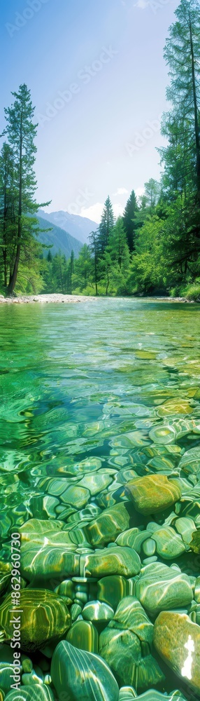 Fototapeta premium Crystal clear mountain river with visible rocks under water, surrounded by lush green pine trees and distant mountains under a clear blue sky.