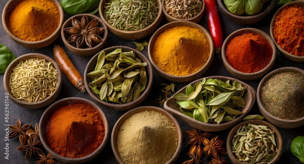 Spices in Wooden Bowls on Dark Background Spices in Wooden Bowls on Dark Background
