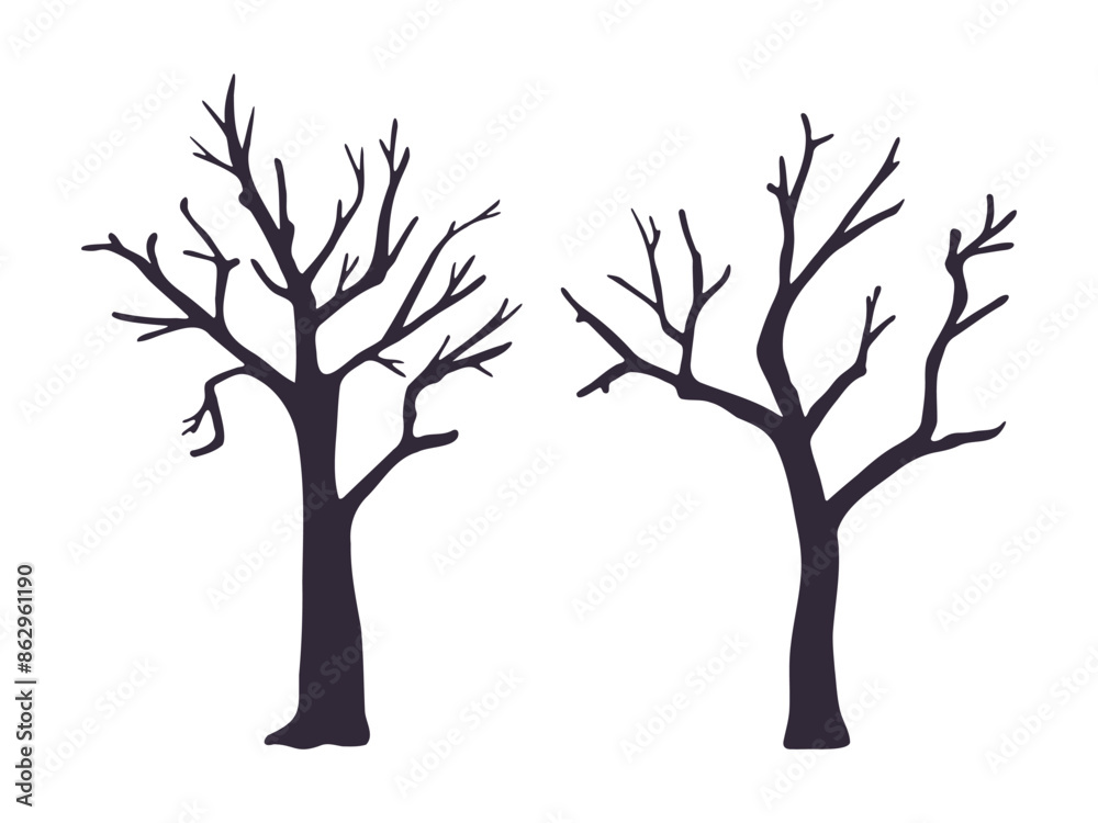 Set of vector spooky trees. Hand drawn bare dead creepy tree dark silhouettes isolated on white background for Halloween designs. Old haunted forest illustration Set of vector spooky trees. Hand drawn bare dead creepy tree dark silhouettes isolated on white background for Halloween designs. Old haunted forest illustration
